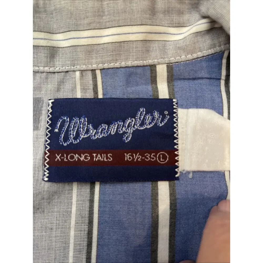 Wrangler Western Shirt Mens L-16.5-Blue Gray Pearl Snap Cowboy 90s-X Long-Vntg - Picture 4 of 11